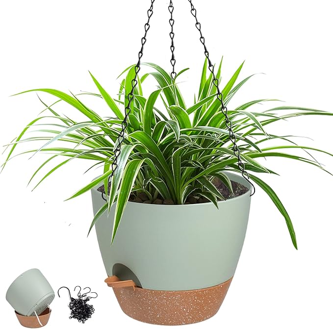 Hanging Planters for Indoor Outdoor Plants, 1 Set Self Watering Hanging Pot with Drainage Holes & Removable Tray (Green-12inch, 12'') Vanslogreen