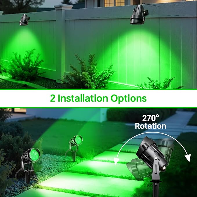 Green Outdoor LED Spot Lights for Yard & Garden – 12W Landscape Lighting, Christmas & Holiday Decor, Adjustable Beam,4Pack Qeeanmo