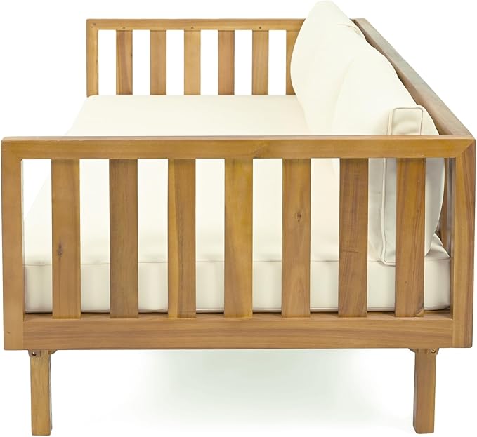 Christopher Knight Home Claremont Outdoor 3 Seater Acacia Wood Daybed with Fabric Water Resistant and Removable Cushions, Patio Garden Poolside Sofa with Slat Paneling Armrest and Back, Teak and Beige ChristopherKnightHome