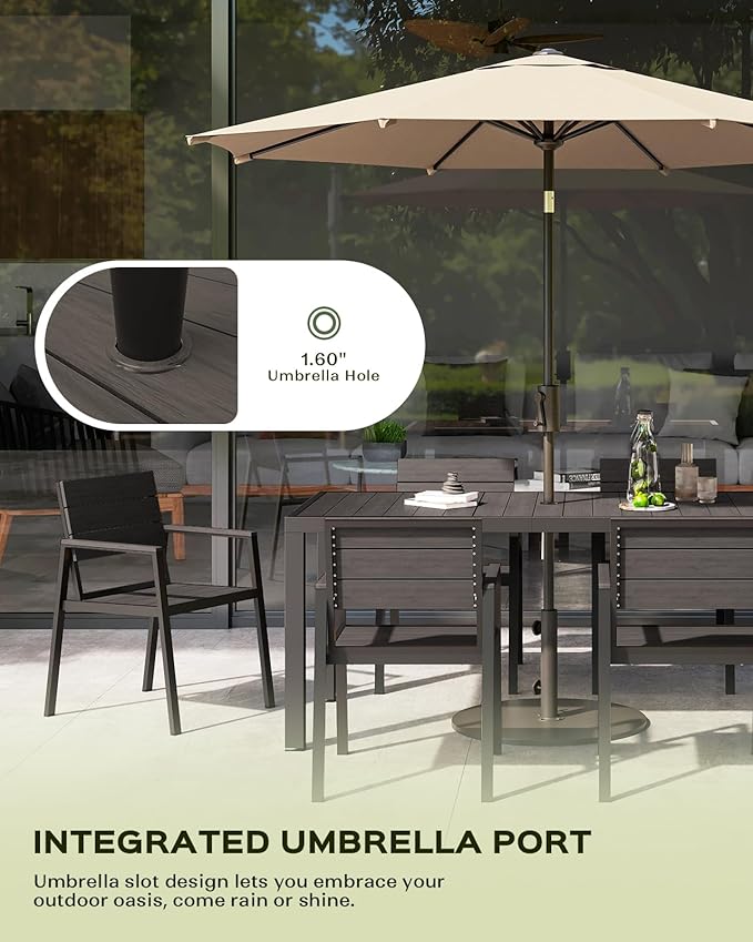 67" HDPS Outdoor Patio Dining Table, Aluminum-Edged Outdoor Dining Table with Umbrella Hole, Weather-Resistant for Lawn, Garden, Poolside and Indoor Use, Charcoal Vexwalx