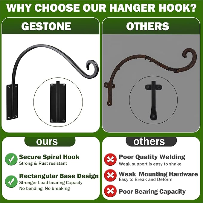 16 Inch Plant Hangers Outdoor 4 Pack,Plant Hanging Hook Bracket for Bird Feeder Hanger,Hanging Plant Hooks for Outside Baskets Lanterns Wind Chimes Outdoor Indoor GESTONE