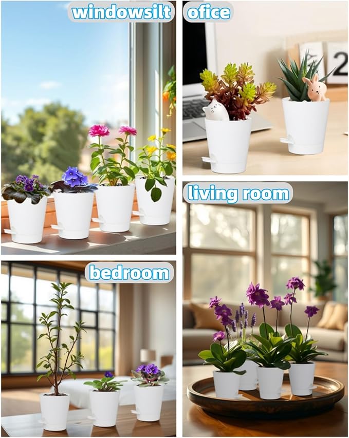 12 Pack 4 Inch Self Watering Plant Pots with Drainage and Saucers，Plastic Flower Pots for Indoor and Outdoor Plants, Nursery Planters for Houseplants and Herbs White, 4 inch 12pcs zople
