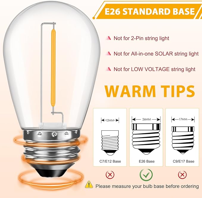 48 Pack LED S14 Replacement Light Bulbs, Shatterproof Outdoor 1 Watt to Replace 11Watts String Incandescent Bulb, Dimmable, E26 Regular Medium Screw Base, 2200K Warm White GvvooHome