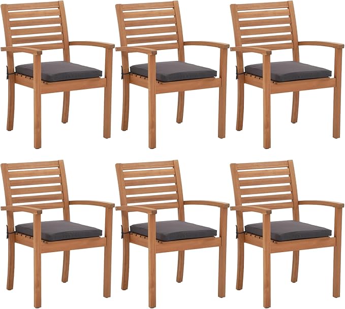 OC Orange-Casual Stackable Patio Dining Chairs Set of 6, Outdoor Acacia Wooden Chairs w/Armrest & Removeable Fabric Cushion, for Porch, Backyard, Garden, Indoor, Dark Grey OCOrange-Casual