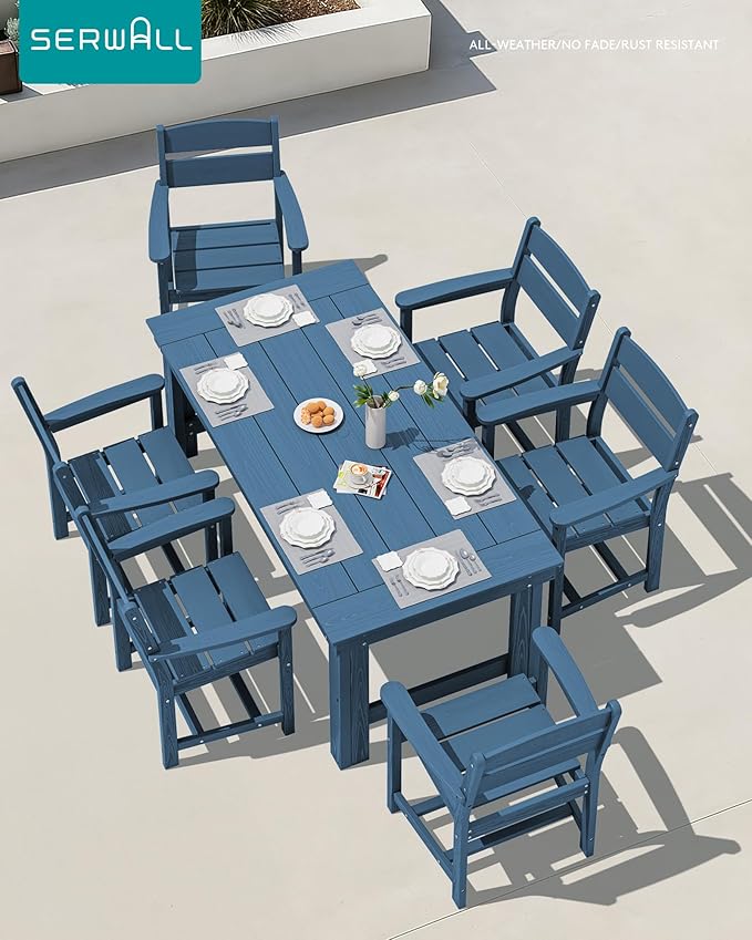 SERWALL Outdoor Dining Table Set, 67‘’ HDPE Patio Dining Set for 4, All-Weather Outdoor Table and Chairs Set for Deck, Blue SERWALL