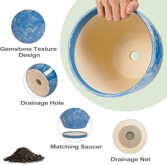 Ceramic Pots for Plants - 6.3 Inch Planter with Drainage Hole and Plant Tray, Decorative Succulent Pot, Round Flower Planter for Indoor, Garden Living Room Decor, Gifts for Plant Lovers, Blue EPFamily