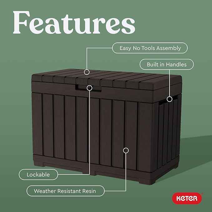 Keter Kentwood 50 Gallon Resin Deck Box for Outdoor Storage – Weather‑Resistant Balcony & Patio Box for Cushions, Throw Pillows & Garden Tools, Brown