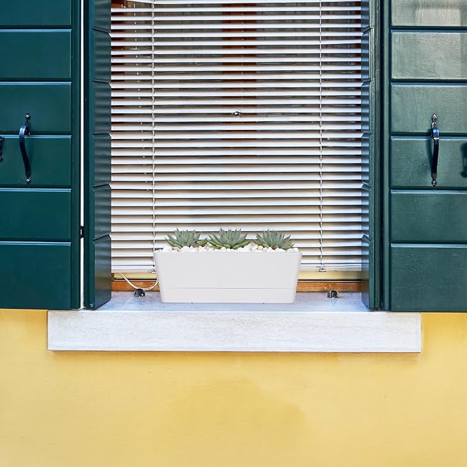 GREANER Long Window Boxes Planters, 6 Pack 16x3.8 Inch Vegetable Box Pot with Tray, Indoor Succulent Cactus Flowers Plastic Rectangle Pot for Balcony, Office, Garden, Outdoor, Windowsill - White GREANER