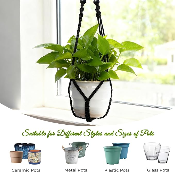 Macrame Plant Hanger, Up to 4-15 inch Pots, Wood Beads Cotton Hanging Planter Holder for Indoor Outdoor Boho Home Decor, 35 Inch, Set of 2 (Black) Rootora