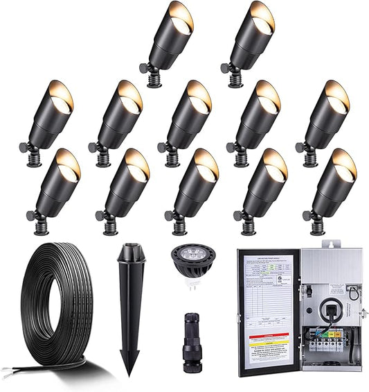 Gardenreet Black Solid Brass 12V LED Landscape Lighting Kit (12-Pack Spotlights) with 300W Low Voltage Transformer & Mechanical Timer & 250FT Wire & 50Pack Connectors for Outdoor Garden Patio Gardenreet
