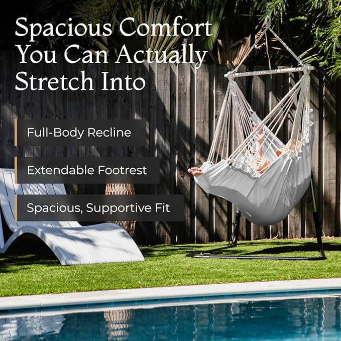 Hanging Hammock Chair Swing - Hammock Swing Chair with Foot Rest - Indoor/Outdoor Hanging Chair - Quick & Easy Setup with Durable Hardware – Spacious Full Body Support – Holds 440 Lbs EXTIRIO
