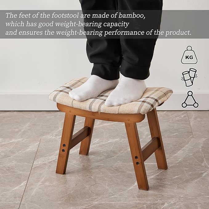 Foot Stool,Ottoman,Bamboo Small Sofa Foot Rest Under Desk,Extra Seating for Living Room, Bedroom and Kitchen (Brown Stool Legs - Stripes Surface) Kitsanery
