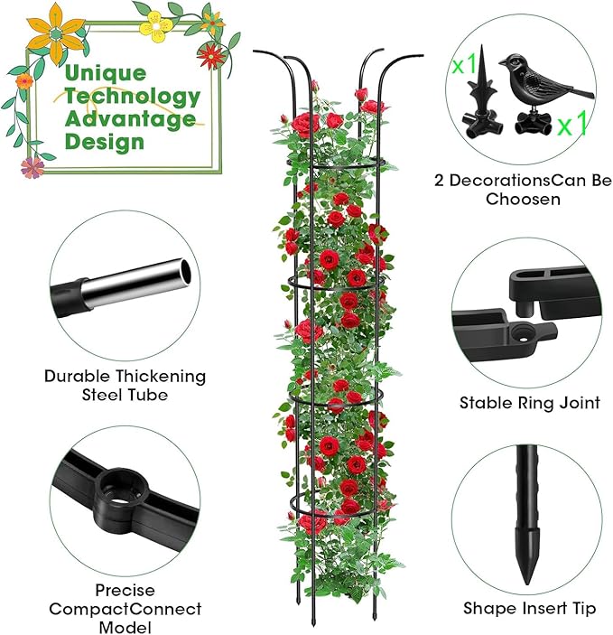 Tower Obelisk Garden Trellis for Climbing Plant，6.2FT/74.4" Rustproof Metal Potted Plant Climbing Support for Indoor Outdoor Flowers Vegetable Fruits Vines Support (2Pcs) MQUPIN