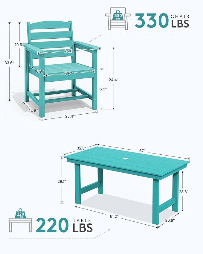 SERWALL Patio Table Set, 5-Piece Outdoor HDPE Furniture with Umbrella Hole, All Weather Dining Table and Chairs for Lawn, Garden, Poolside, Aruba SERWALL