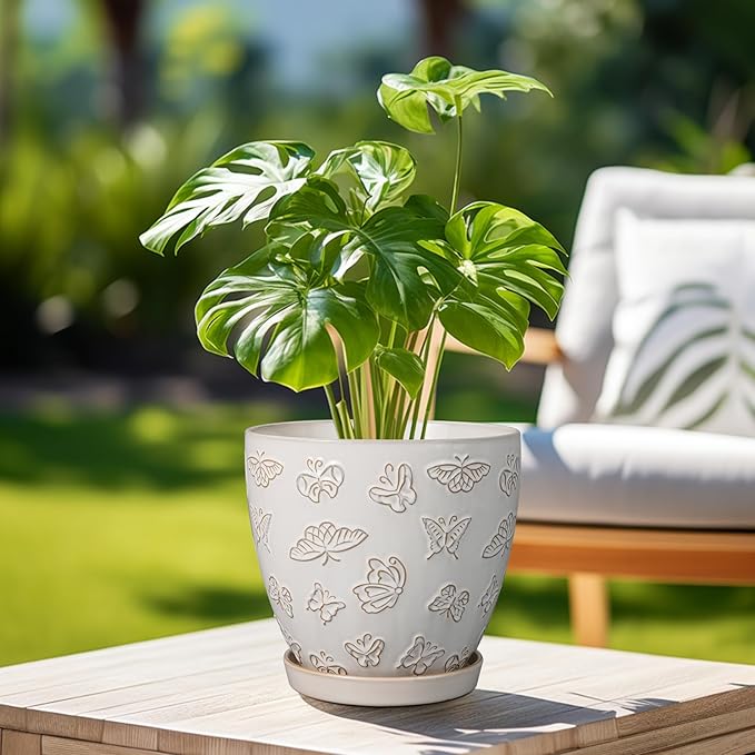 Ceramic Planter 8 Inch - White Plant Pot with Drainage Hole and Saucer Modern Flower Pot for Indoor Outdoor Plants EPFamily