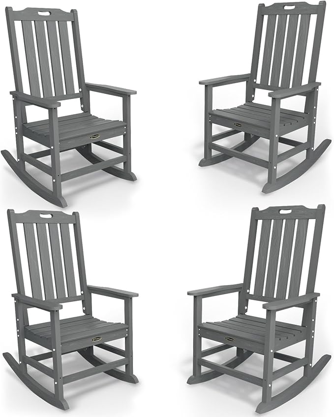 Oversized Rocking Chair Set of 4, Outdoor Rocking Chair for Adults, All Weather Resistant Porch Rocker for Lawn Garden, Grey THOEOE