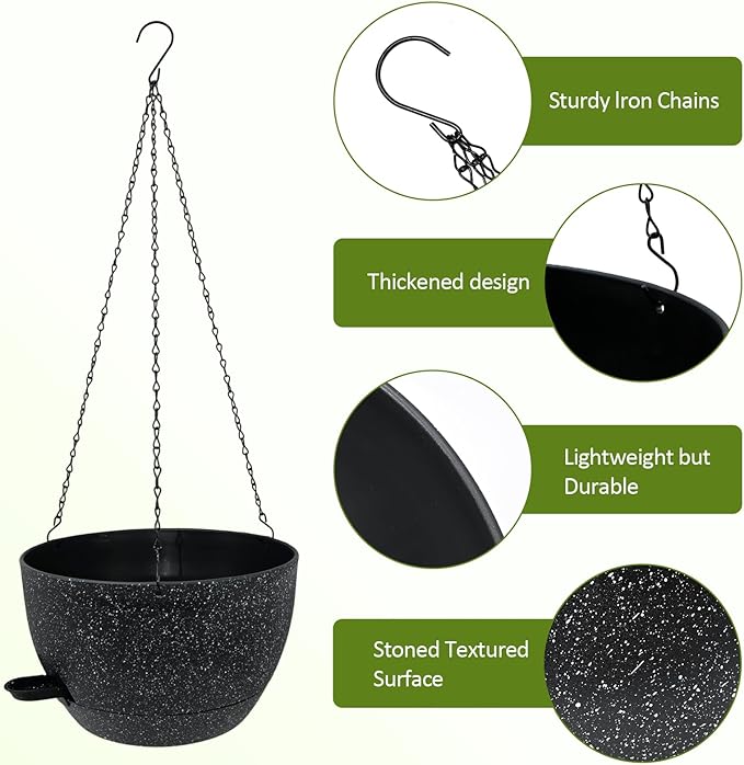 WOUSIWER Self Watering Hanging Planters, 2 Pack 12'' Plastic Pots with Drainage Holes & Reservoir Tray (Speckled Black) | Indoor & Outdoor Use for Ferns, Ivy, Herbs, Succulents WOUSIWER