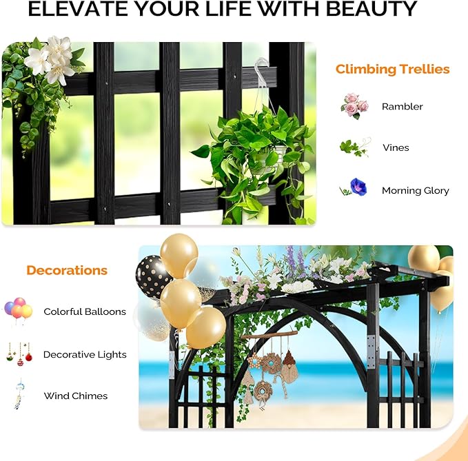 VINGLI 85in Wooden Arbor, Wedding Arch for Ceremony, Wood Trellis for Plant Climbing, Christmas Decor Pergola for Garden Backyard, Lawn (Black) VINGLI