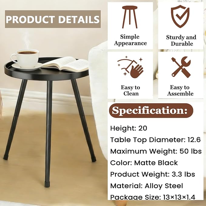Small Round Side Table Metal End Table Outdoor Black Side Table Mid-Century Modern Accent Table for Office Bedroom Balcony and Small Spaces. Rootora