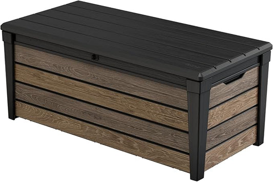 Keter Everwood 120 Gallon Resin Signature Collection Large Outdoor Storage Box for Patio Furniture, Outdoor Cushions, Garden Tools and Pool Gear, Walnut Keter