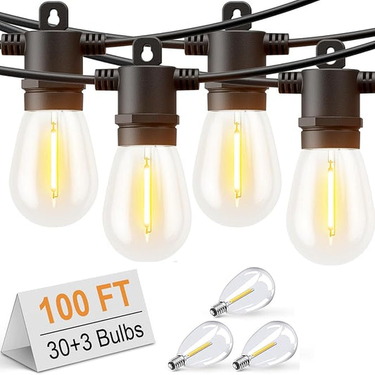 Svater LED Outdoor String Lights 100 FT, Patio Lights with Shatterproof Bulbs, Outside Hanging Light Waterproof for Porch, Deck, Garden, Backyard, Balcony, Dimmable 2700K Svater