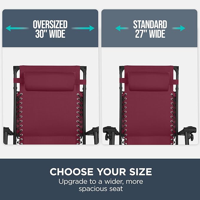 Best Choice Products 30” Wide Folding Zero Gravity Outdoor Recliner Patio Lounge Chair w/Adjustable Canopy Shade, Headrest, Side Accessory Tray - Burgundy BestChoiceProducts