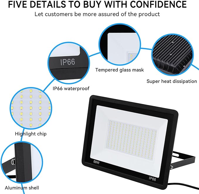 4Pack-60W LED Flood Light Outdoor,6600lm LED Work Light with 6FT US Plug,IP66 Waterproof Exterior Security Lights,6000K Daylight White Outside Floodlights Slim design for Playground Yard Stadium Lingwarm