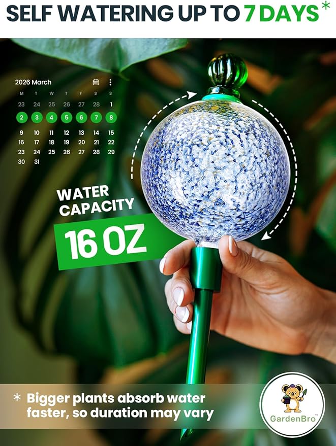 16 Oz Plant Watering Globes for Indoor Plants with Metal Self Watering Planter Insert - Premium XL Glass Hand-Blown Globe - Automatic Plant Waterer Indoor, Gift Idea for Gardener [1 Globe, Blue Gold] GARDENBRO