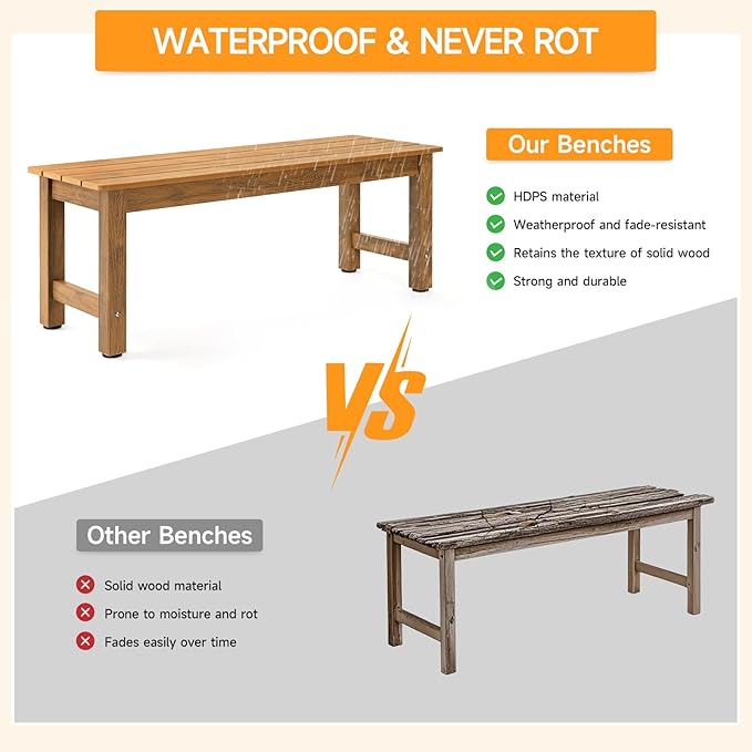 ONBRILL Outdoor Benches Weatherproof, 2-Person Poly Lumber Garden Bench, All-Weather Patio Bench Will not Rot and Fade for Garden, Porch, Backyard and Park, Easy Installation, Teak ONBRILL