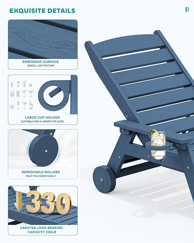 SERWALL Patio Chaise Lounge Chair Set of 2 with 9FT Patio Umbrella, 78'' HDPE Outdoor Lounger, Poly Lounge Chair with Rolling Wheels & Cup Holder for Pool,Blue (Umbreall Base not Included) SERWALL