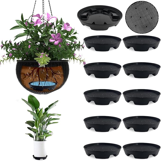 7.16” Self Watering Planter Insert, 10 Pack Invisible Hanging Basket Drip Pan Hanging Basket Planter Plant Auto Watering Devices Plastic Water Catcher Saucer Tray for Outdoor Indoor Pots Liners KKONHII
