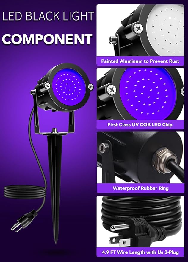 Elenora Halloween Spotlights Outdoor, 15W LED Black Light/Blacklight for Glow Party Body Paint Fluorescent Poster, 110V Plug-in Spot Light IP65 Waterproof Landscape Lighting for Yard Garden, 1 Pack Elenora
