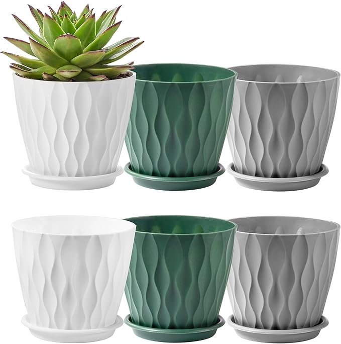 FaithLand 6-Pack 6-Inch Plastic Plant Pots with Saucers | Thickened PP Material, Modern Wave Texture, Enhanced Drainage for Indoor/Outdoor Garden Plants | Tricolor Value Set FaithLand