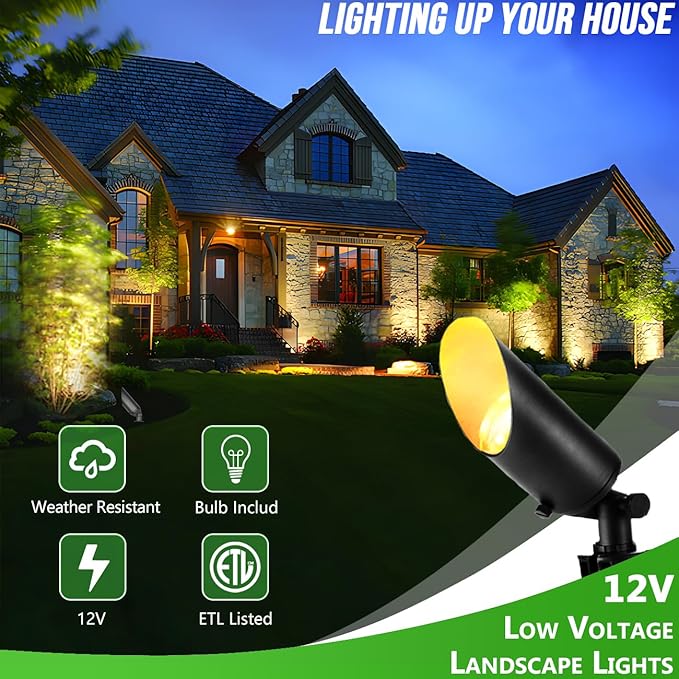 wowlite Landscape Spotlights Outdoor, 12V Low Voltage Landscape Lighting Fixture with 5W MR16 LED Bulb, 2700K Warm White Waterproof Black Aluminum Directional Uplight for Garden Courtyard Pathway wowlite