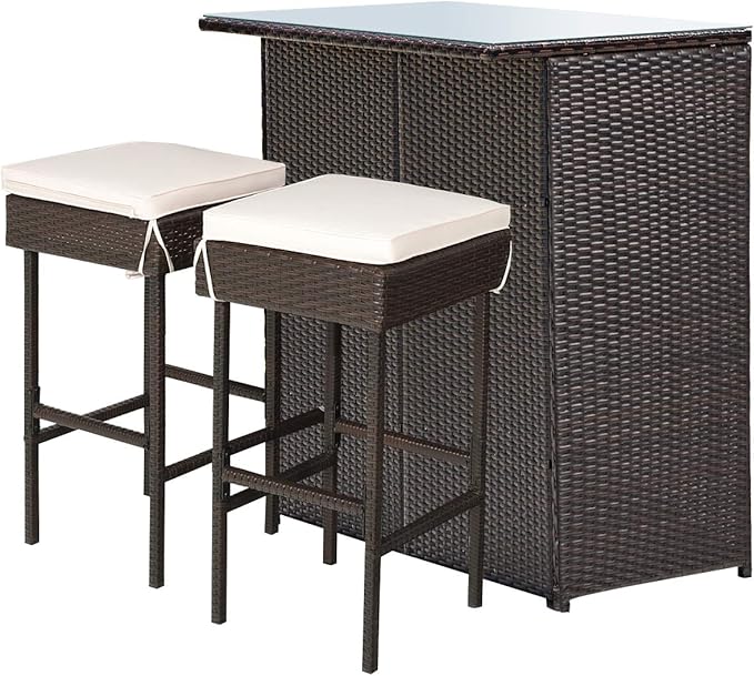 Tangkula Patio Bar Set, 3 Piece Outdoor Rattan Wicker Bar Set with 2 Cushions Stools & Glass Top Table, Outdoor Furniture Set for Patios Backyards Porches Gardens Poolside (Beige) TANGKULA