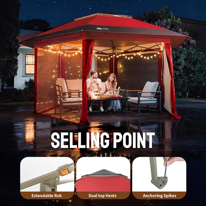 CROWN SHADES 12x12 Pop Up Gazebo with Mosquito Nettings, Patented Center Lock 6-Sided Portable Gazebo, 300D Silver-Coated Fabric UV Resistant, Pop Up Canopy Tent for Patio, Party, Red&Grey CrownShades
