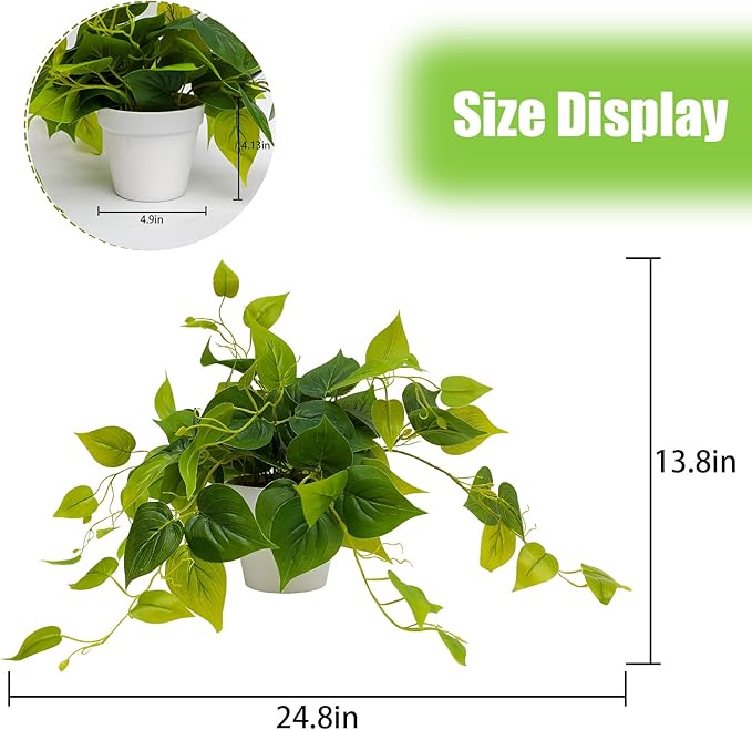 alyptus Fake Pothos Hanging Plants – Set of 2 Faux Ivy Vines Realistic Silk Devil’s Ivy for Indoor Décor, Low Maintenance Artificial Greenery for Home Bathroom or Office - Green with White Pots ALYPTUS