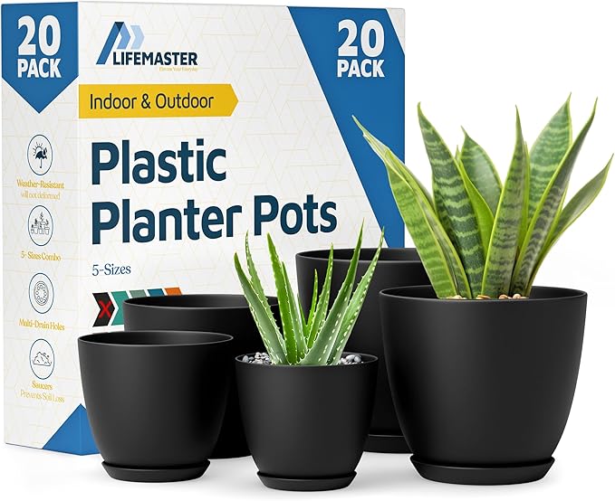Lifemaster Plant Pots with Multi Drainage Holes - 20 Pieces Versatile, Sturdy Plastic, Stackable Design Home Decor Flower Pots for Indoor and Outdoor Gardening - Black LIFEMASTER