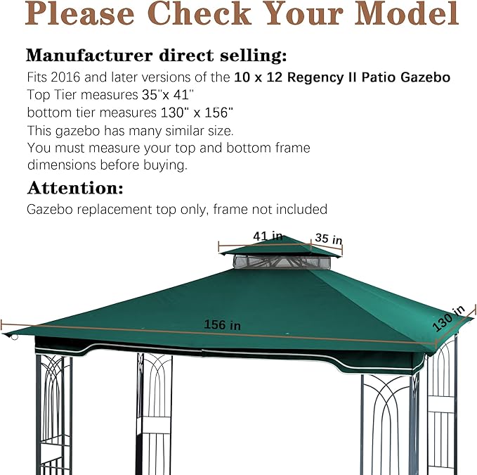 SCOCANOPY Replacement Gazebo Canopy for 10 x 12 Regency II Patio Gazebo Model L-GZ798PST,A101004104,A101004105,(Forest Green) SCOCANOPY