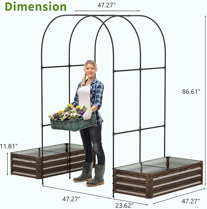 DoCred 3 in 1 Raised Garden Bed with 87in Tall Arch Trellis for Climbing Plants, Galvanized Planter Garden Box Outdoor for Gardening, Climbing Vegetables, Flower DoCred
