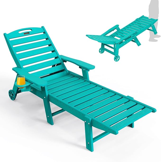 Lounge Chair Outdoor, Oversized Chaise Lounge Chair with 5 Positions, HDPE, Patio Lounge Chair with Wheels & Cup Holder for Pool, Deck, Poolside, Lake Blue CIOKEA