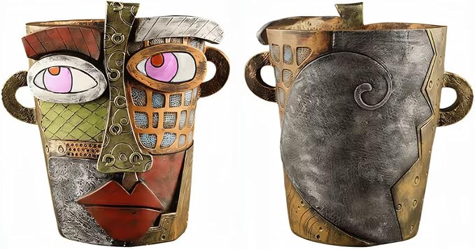 Abstract Face Planters Pots Head,Picasso Brutalist Face Flower Pot Ornaments Head Planter Pots Colorful Art Abstract Resin Flower Pot for Indoor and Outdoor Plants Funny Room Decor(Retro Big) TOZLU