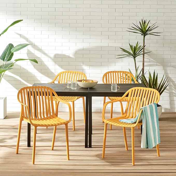 Modern Stackable Outdoor & Indoor Plastic Dining Chairs Set, Armchairs Set, Weather-Resistant, Ideal for Patios, Cafes, and Home Use, Set of 4 (Mustard Yellow) XDECO