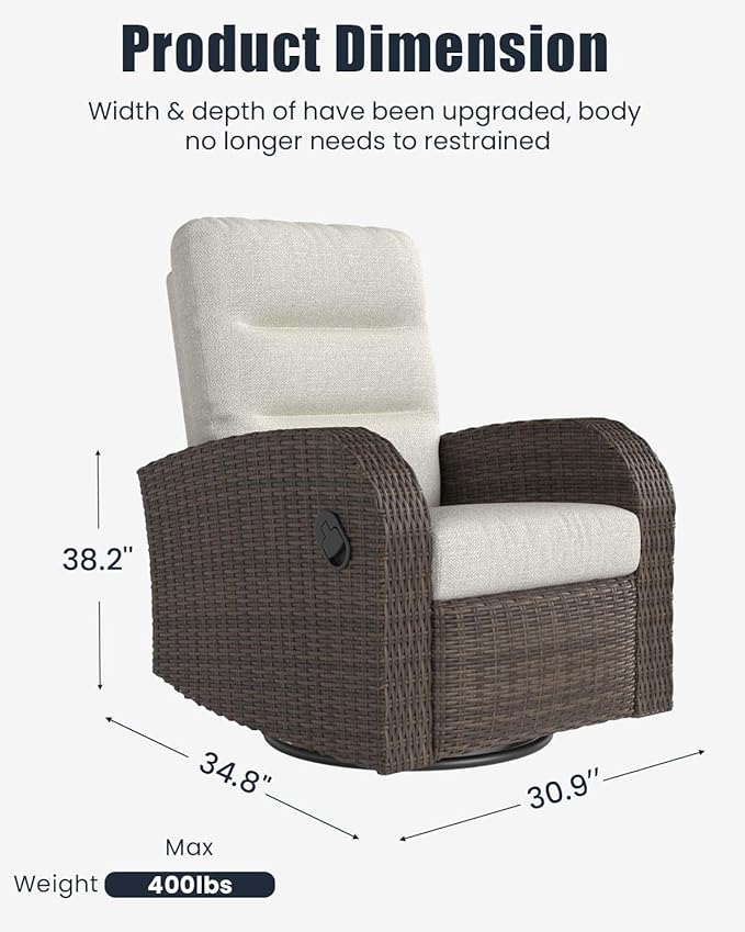 Outdoor Swivel Recliner Chair Set of 2, All-Weather Wicker Reclining Patio Chair with Adjustable Backrest and Footrest Vakollia