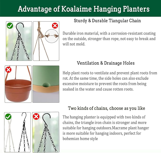 Hanging Planter Self Watering 10 Inch, 2 Pack Indoor Outdoor Hanging Baskets, Hanging Flower Pots with Drainage Hole & 2 Kinds of Plant Hangers for Garden Home Decor(Green)… Koalaime