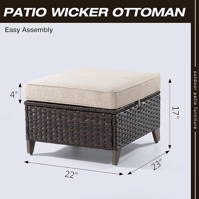 Joyside Patio Ottoman Set of 2, All Weather Outdoor Rattan Ottomans Patio Footstools with Removable Cushions for Garden Backyard Porch (Beige) Joyside