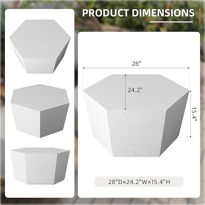 UPHA Outdoor Hexagon Coffee Table, Small Modern Minimalist Accent Tables, Low Light Concrete Center Table for Living Room, Outside Patio, Deck, 28×24.2×15.4, Off-White UPHA
