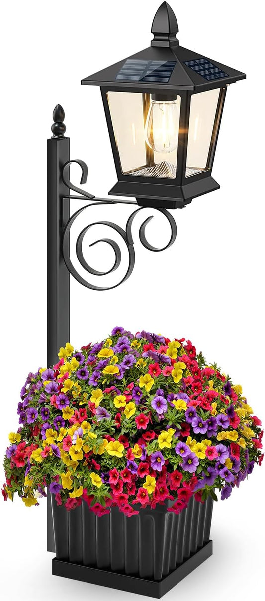 Outdoor Flower Pots 2 in 1, Solar Lamp Post with Planter, Metal Pole, Wall Mount/Standing Solar Planter Lights IP65 Waterproof, Decorative Lamp for Garden, Patio, Porch, 1-Pack (Flowers not Included) TOWPONICS