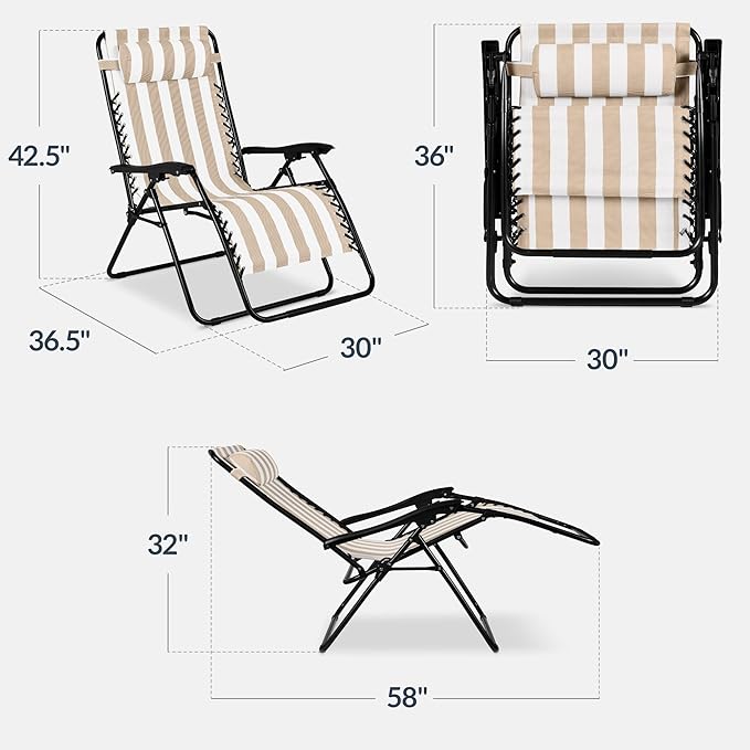 Best Choice Products Set of 2 Extra Wide Adjustable Steel Mesh Zero Gravity Lounge Chair Recliners w/Pillows and Cup Holder Trays - Tan Stripes BestChoiceProducts