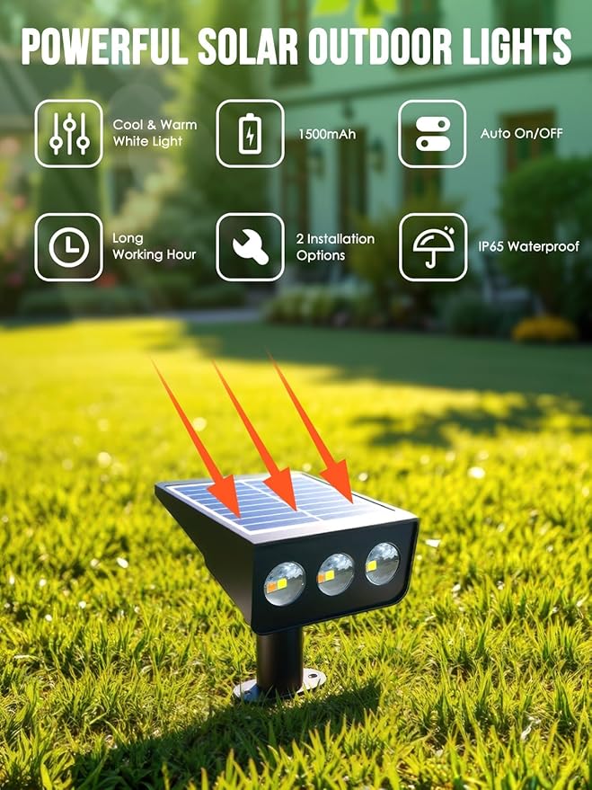 Solar spot Lights Outdoor IP65 Waterproof Solar spotlights 3 Lighting Modes Tree Lights for Outdoor Yard Garden Auto On/Off Wall Lights for Walkway Driveway Garage 6 Pack (Warm White MDTlight